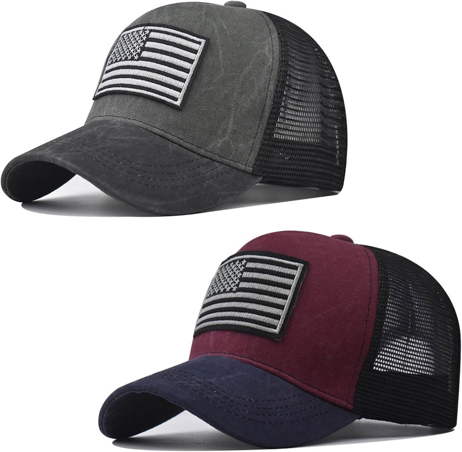 2 Pcs American Flag Hat,USA Baseball Cap for Men Women,Low Profile USA Plain Trucker Hat