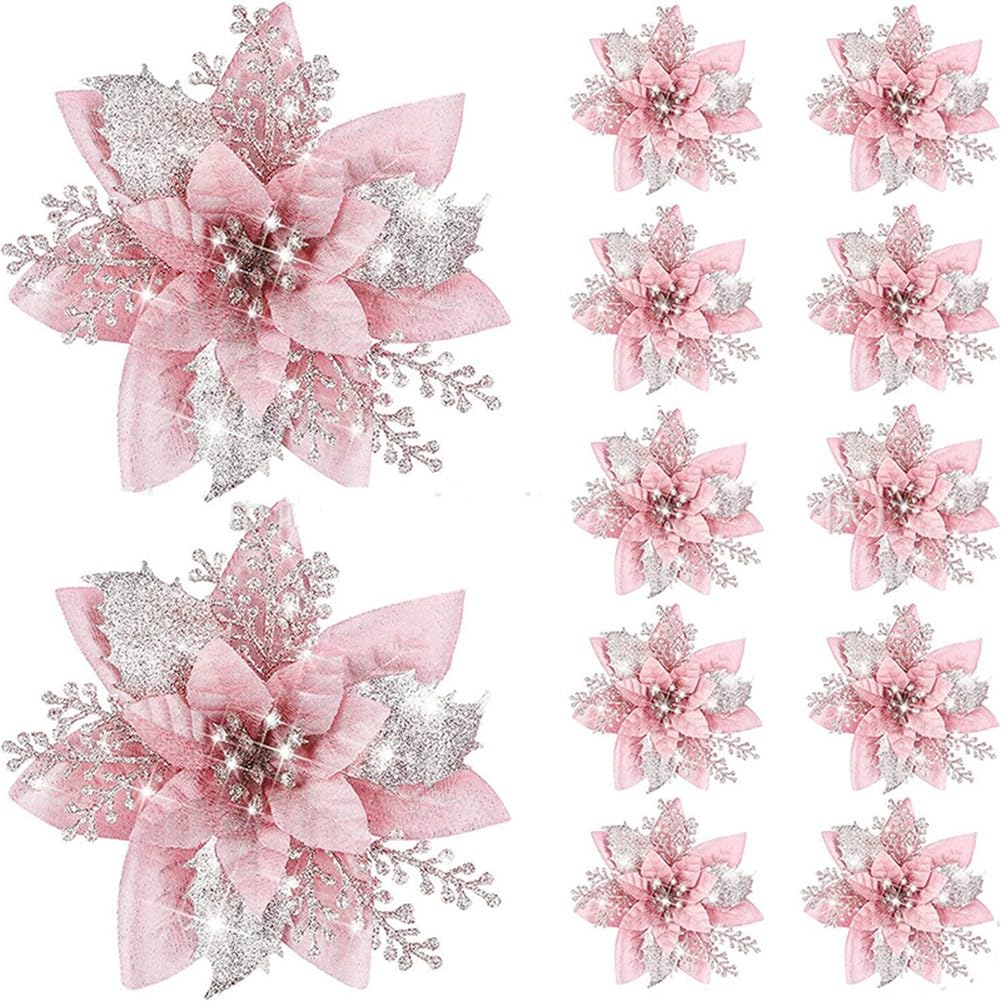 CTRLZS 20PCS 14.5cm Glitter Artificial Christmas Flowers Merry Christmas Tree Decoration Happy New Year Ornaments Xmas,A