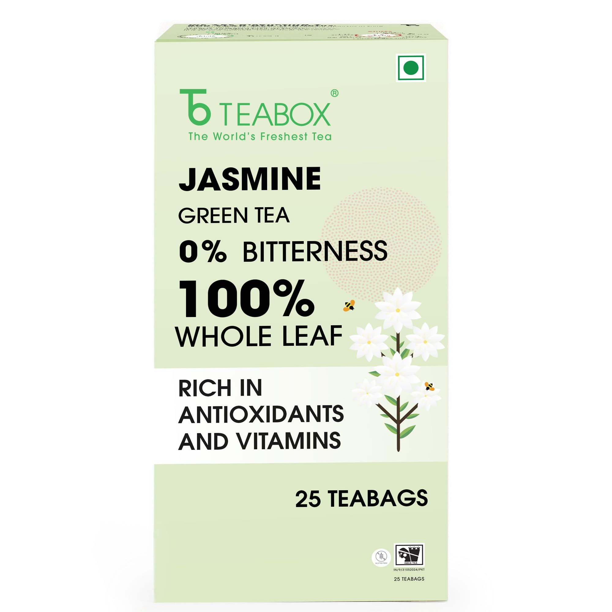 Teabox Premium Darjeeling Green Tea With Jasmine Flowers | 100% Whole Leaf & 0% Bitterness | Green Tea From The Himalayas | 25 Tea Bags (Low Caffeine)
