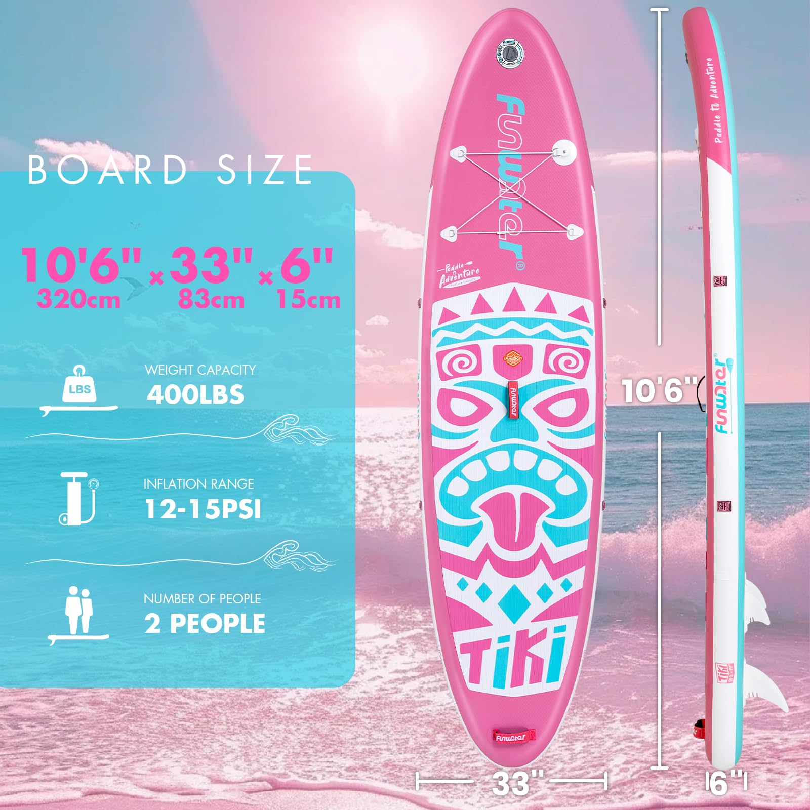 FunWater SUP gonflable ultra léger (8 kg) pour tous les niveaux de compétence, tout inclus avec planche à pagaie, pagaies flottantes Adj, pompe, sac à dos de voyage ISUP, laisse, sac à dos étanche 3 m