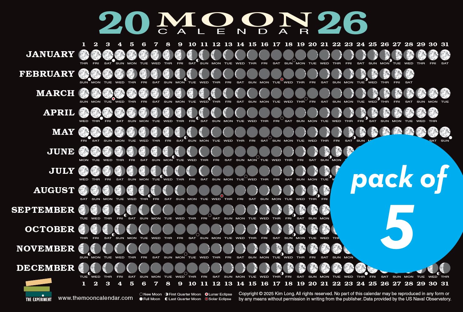 2026 Moon Calendar Card (5 pack): Lunar Phases, Eclipses, and More ...