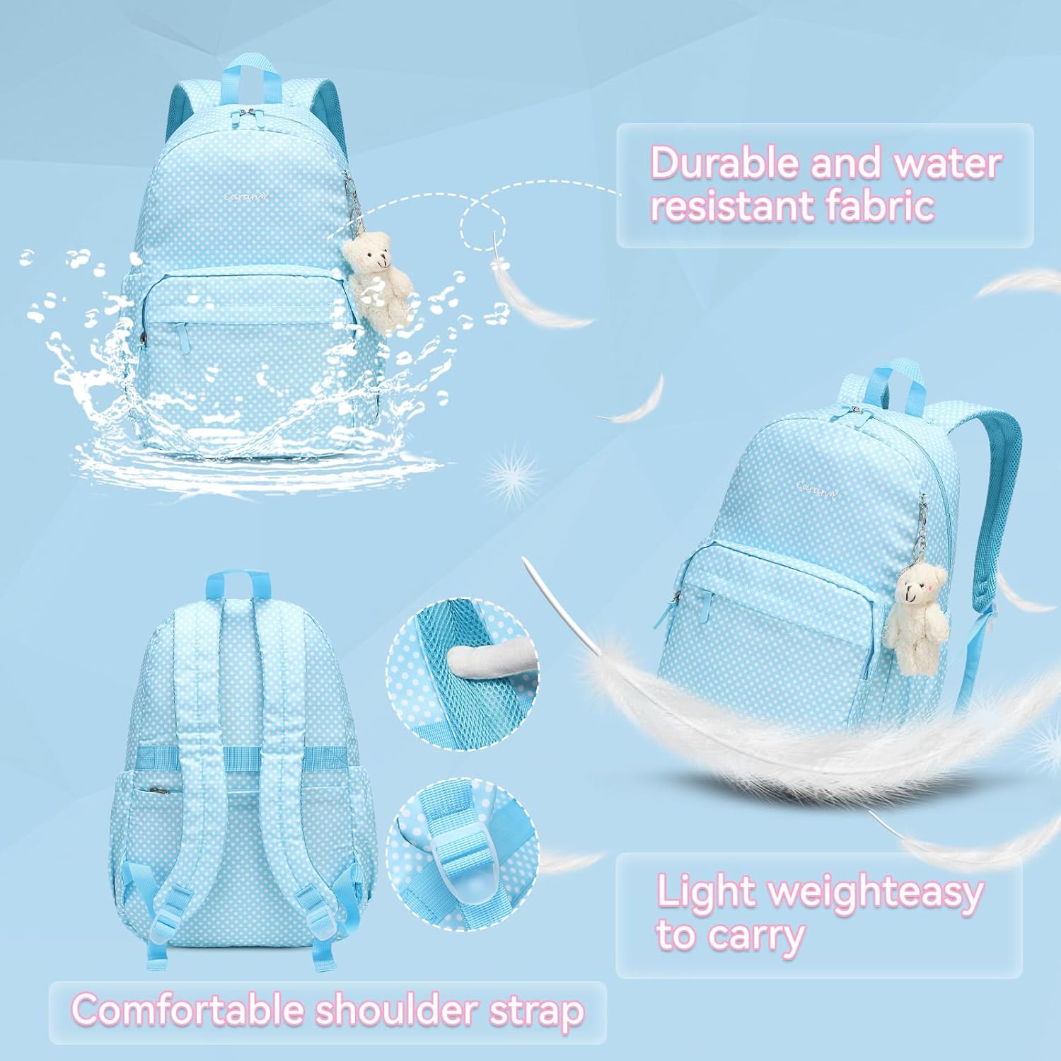 Caran·Y Lightweight Waterproof School Backpack for Kids Teens-Durable Travel Daypack for Boys & Girls Ages 6-18+ with Padded Adjustable Straps Comfortable Design 30L(Blue Dots) - Image 6