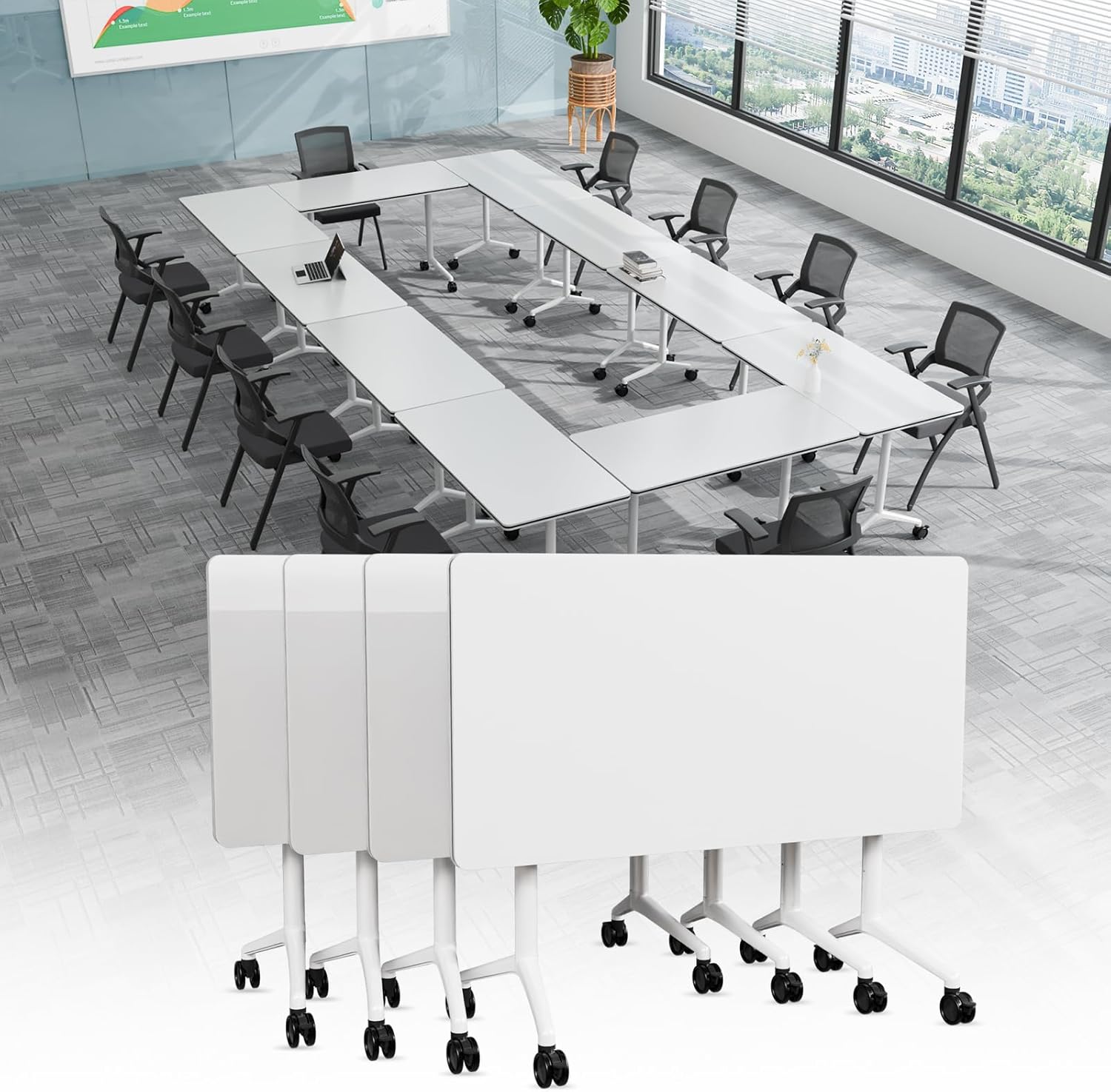 Modular Folding Conference Room Tables with Wheels, Flip Top Training Table System for Office & Classroom, Mobile Joinable Meeting Desks for Seminar & Collaboration Spaces