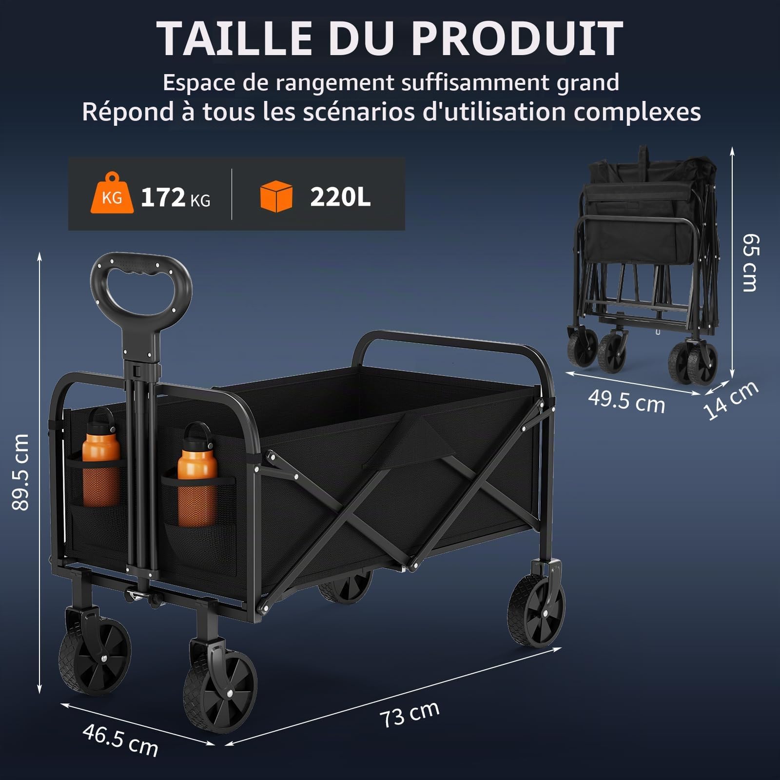 Garvee Chariot De Plage XL Jusqu'à 172Kg, Chariot De Transport Pliable avec Roues Pivotantes à 360° De 20 cm De Large, Idéal Camping, Pique-Nique, Shopping, Jardin Et Sport - Noir