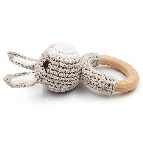 Miniatura 2 de Sonajero de madera natural bebé juguete agitador suave con anillo de dentición para bebés conejo gris