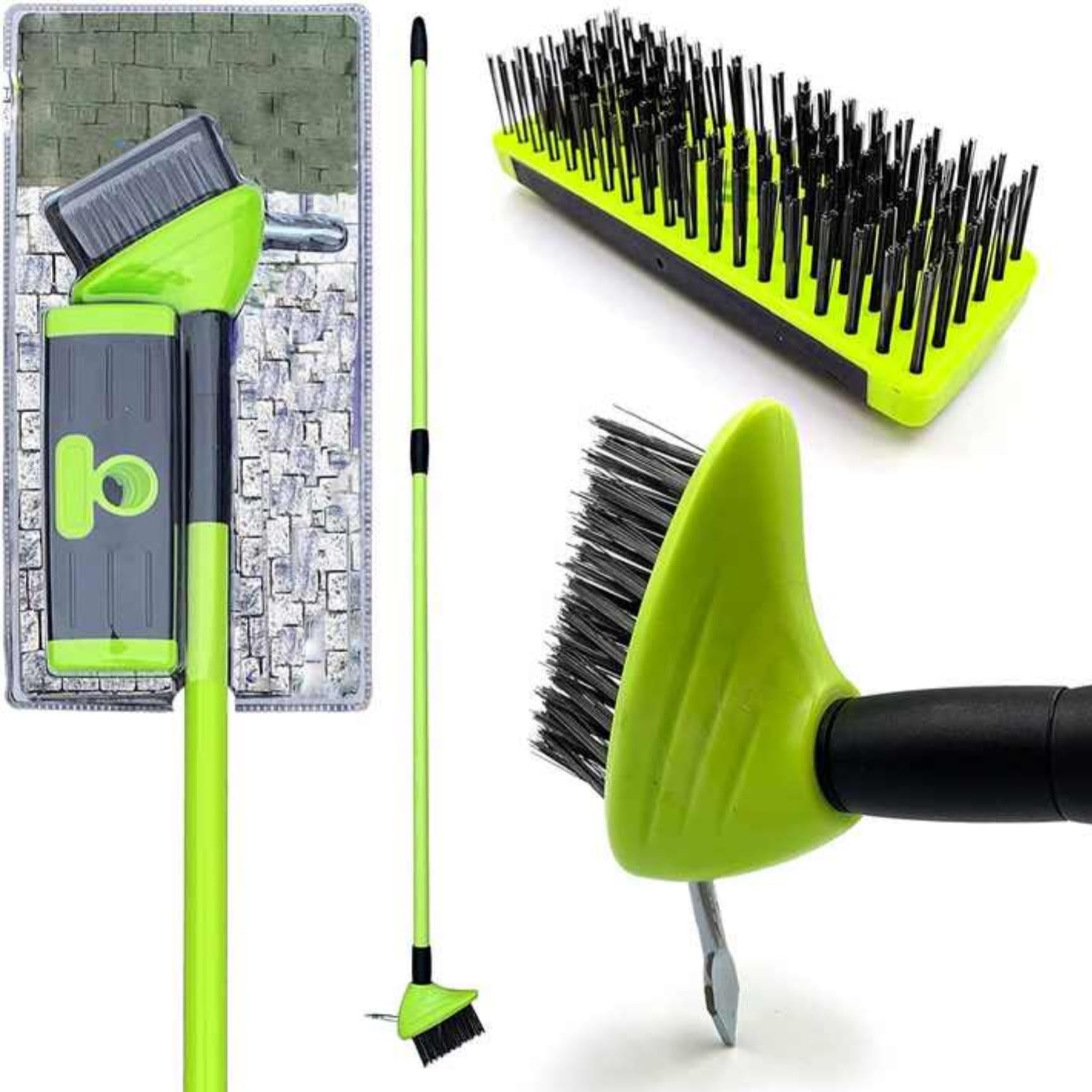 Kaynur Green 3-In-1 Telescopic Weed Brush Broom And Metal Scraper Set | Extendable Handle 80-140Cm | Remove Weeds, Moss, Algae, And Debris From Patios, Driveways, Garden Paths, And Paving | /Black