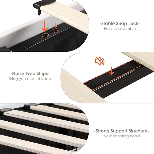 Miniatura 9 de HIFIT Base de cama LED tamaño matrimonial con estación de carga y 4 cajones de almacenamiento, plataforma tapizada de poliuretano con cabecera con