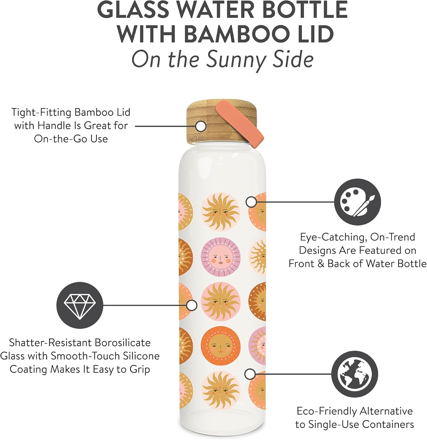 Studio Oh! Reusable Glass Water Bottle with Bamboo Lid, Borosilicate Glass Travel Water Bottle, Shatter-Resistant with Silicone Coating, Glass Tumbler with Lid, On the Sunny Side, 21 oz, 9.68"