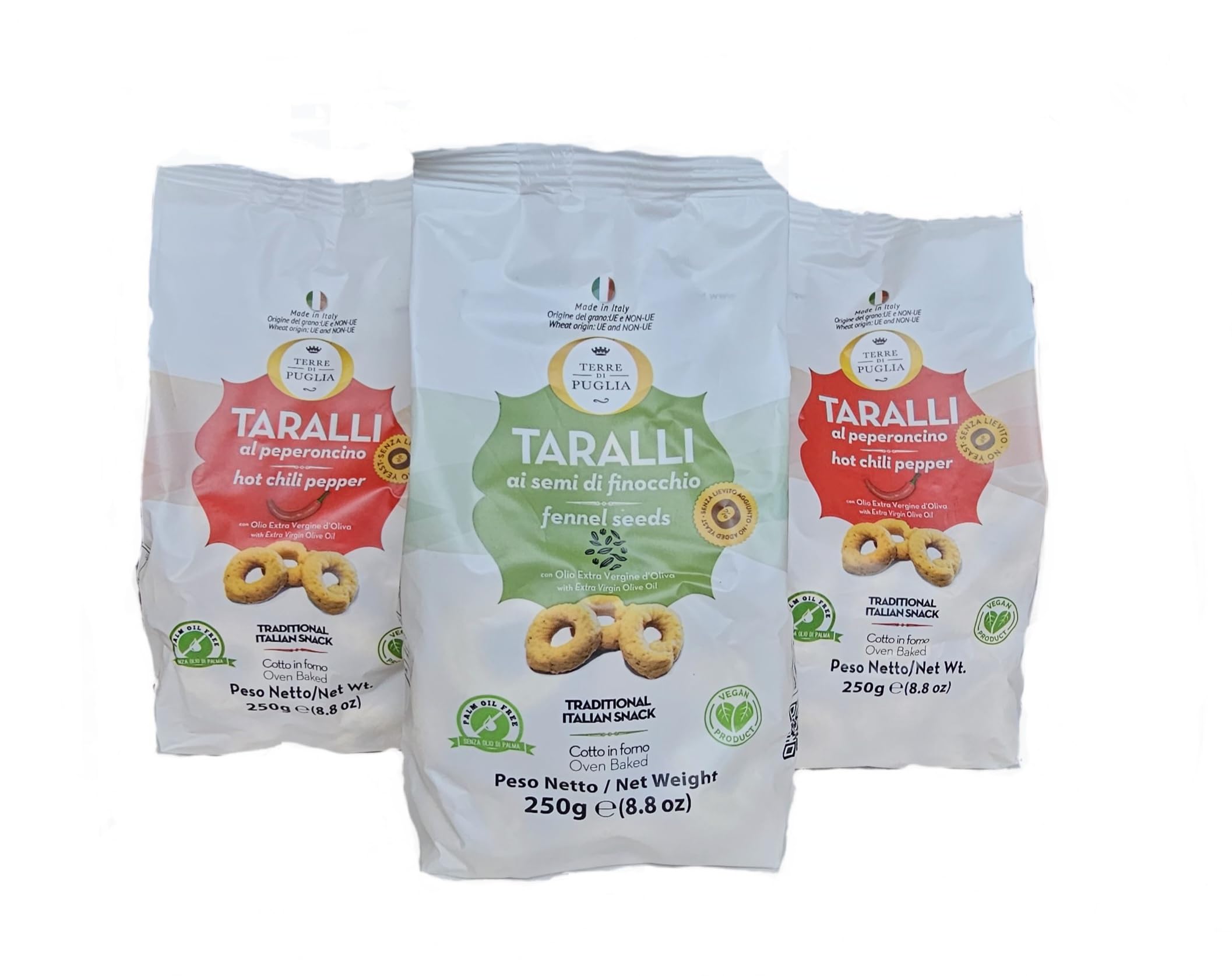 Terre Di Puglia, Taralli Hot Pepper and Fennel Seeds Baked Snack, Imported from Italy, 8.8oz (Pack of 3)+ Includes 2 Hot Pepper packs ansd 1 Fennel Seed pack- SoHappyStoreBundle