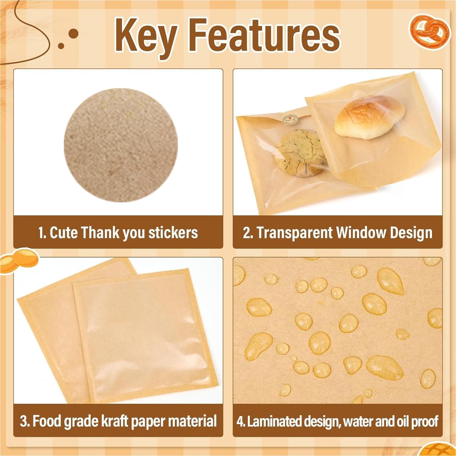 100 bolsas de repostería con cierre térmico con 500 pegatinas, bolsas transparentes para panadería con ventana, papel kraft sellado térmico a prueba de grasa, para galletas, pan, sándwich (18