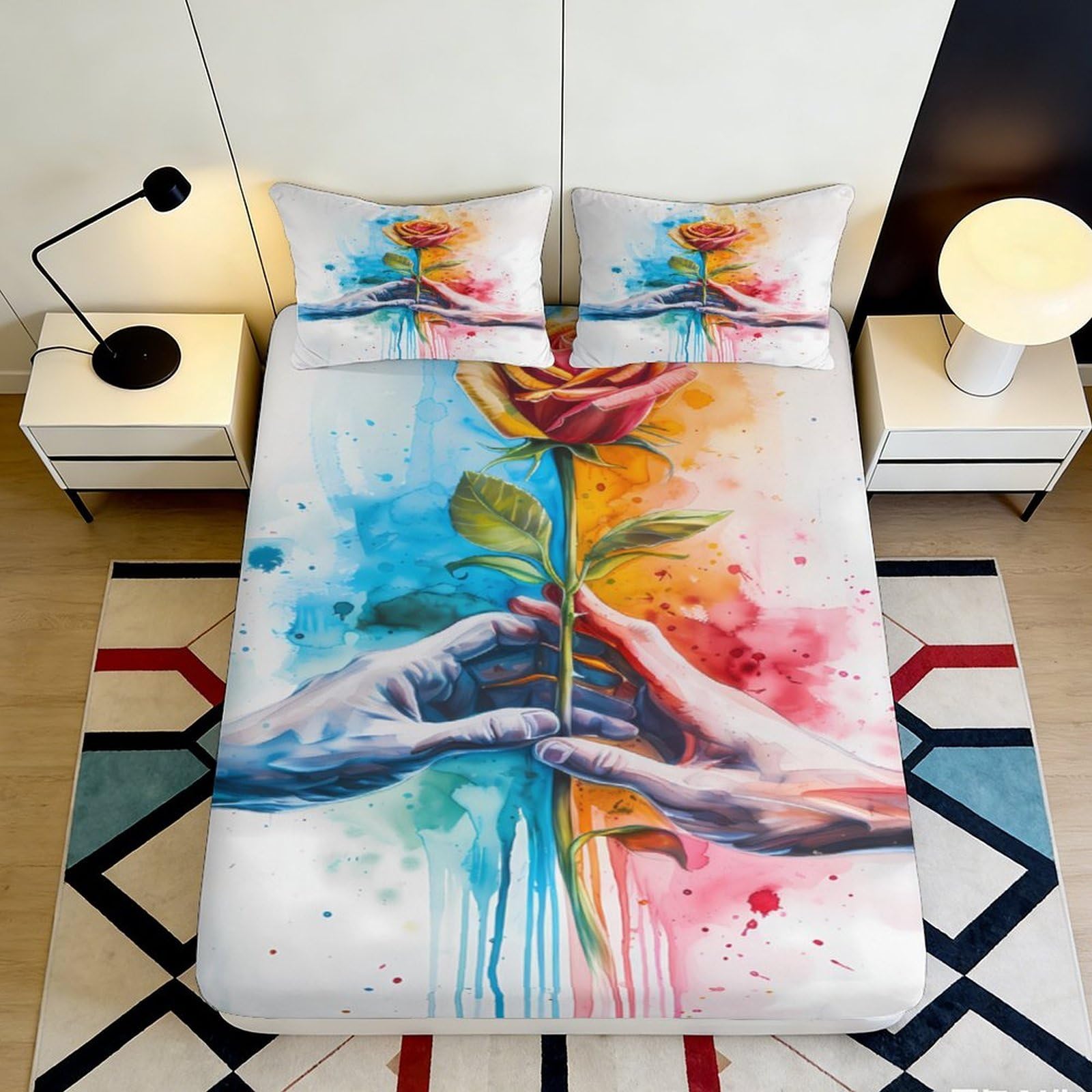 3D Printed Colorful Hands Rose Fitted Sheet Microfiber Bedroom Decor Artistic Mattress Cover Washable 90x200x25cm
