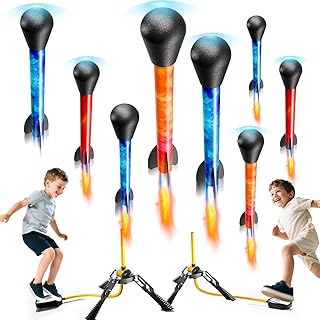 Rockets for Kids Age 4-8 with 8 LED Rockets and 2 Launcher - Outdoor Toys for 4 5 6 7 8-12 Year Old Boy Birthday Gift, Air Powered Flying Toy Shooting Up to 100 Feet, Toys for Kids Ages 8-12