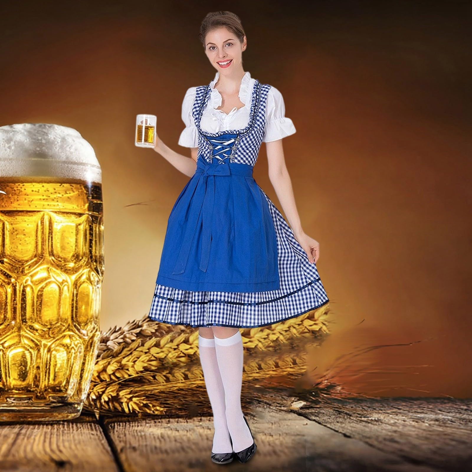 Dirndl Damen Midi Dirndlkleid Trachtenkleid Oktoberfest Bierfest Cosplay Elegantes Hofkleid Outfit mit weißer Bluse für Frauen saisonale Partykleidung Spitze Midi Dirndlkleid Kleid für