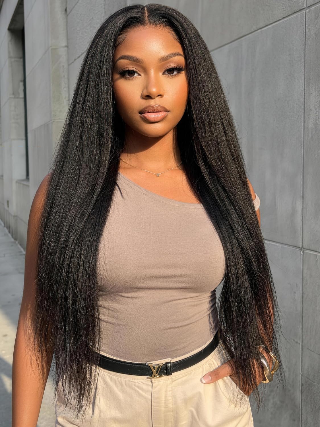 KLAIYI Bye Bye Slip™ Yaki Straight 7X5 Pre Cut Lace Front Human Hair Wig Drawstring Glueless 30S Ready to Wear and Go Wig with Baby Hair Pre Plucked Bleached Kn