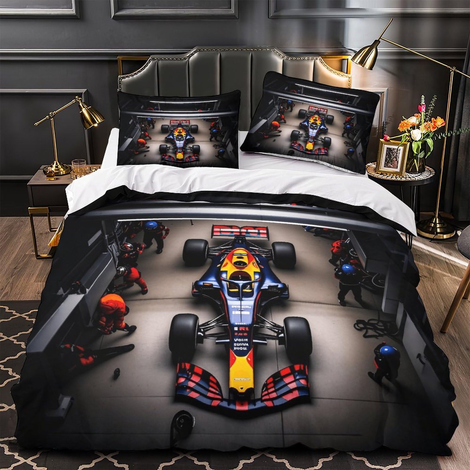 DAFUfbw Luxe Formulaa Racing Duvet Cover Set With Hidden Zipper, King（220x240cm） Pit Stop Quilt Cover Set with Pillowcases Bedding Set Soft Microfiber