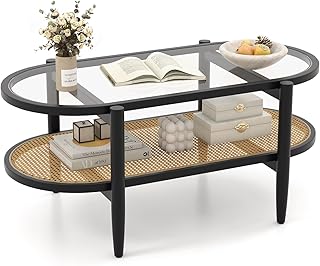 Moccha Boho Coffee Table, 2-Tier Center Table with Tempered Glass Tabletop & PE Rattan Storage Shelf, Mid Century Modern Tea Table, 40