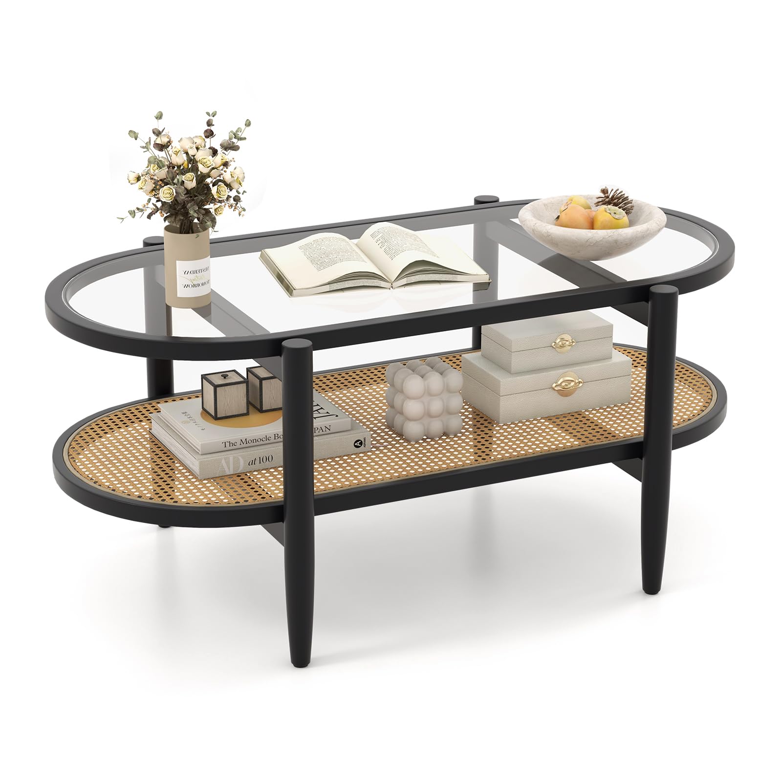 Moccha Boho Coffee Table 2-Tier Center Table with Tempered Glass Tabletop PE Rattan Storage Shelf Mid Century Modern