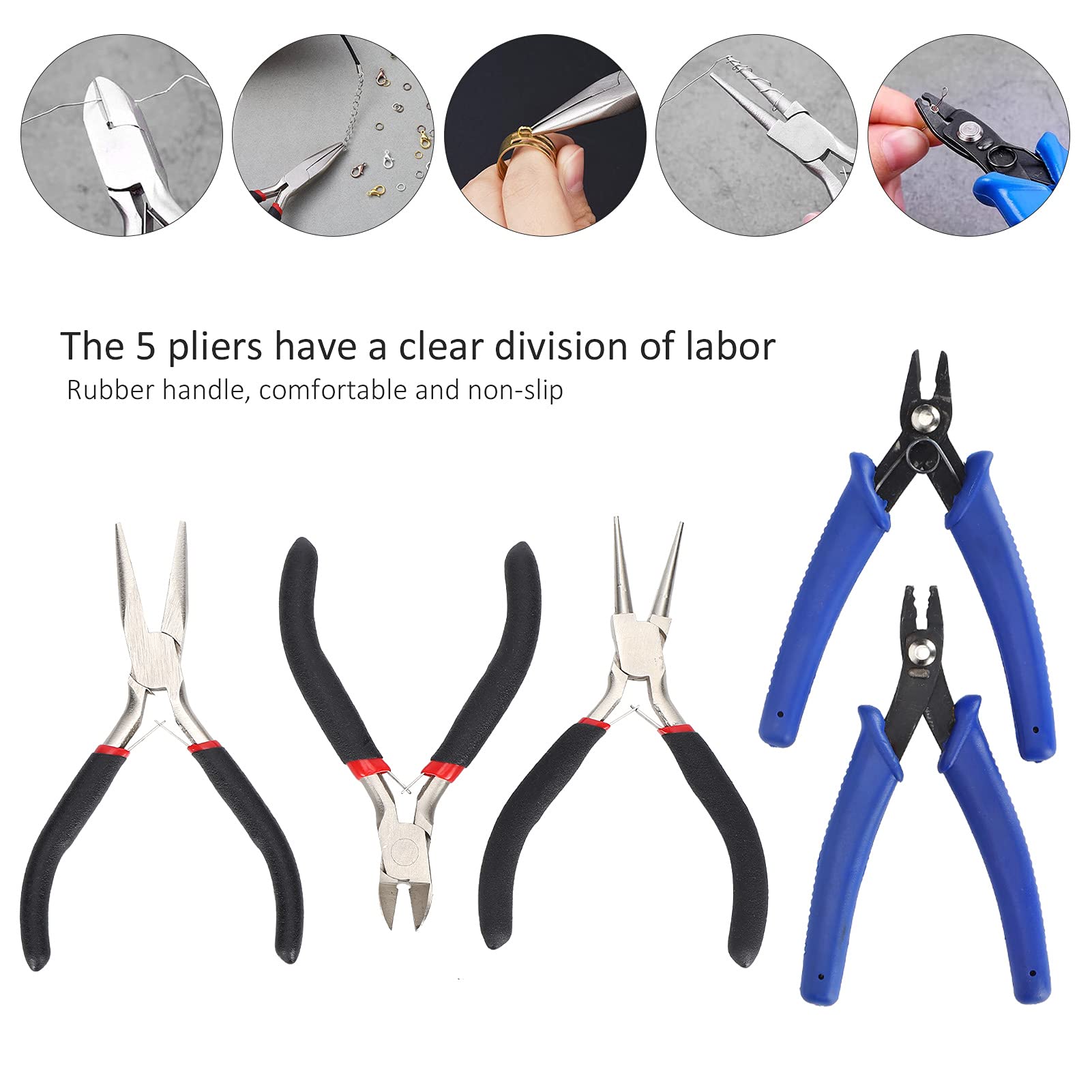 Set di pinze per gioielli, set di 5 pinze professionali per gioielli con borsa degli attrezzi, ideali per la creazione di gioielli, riparazioni e artigianato fai da te, include ago in tessuto naso,