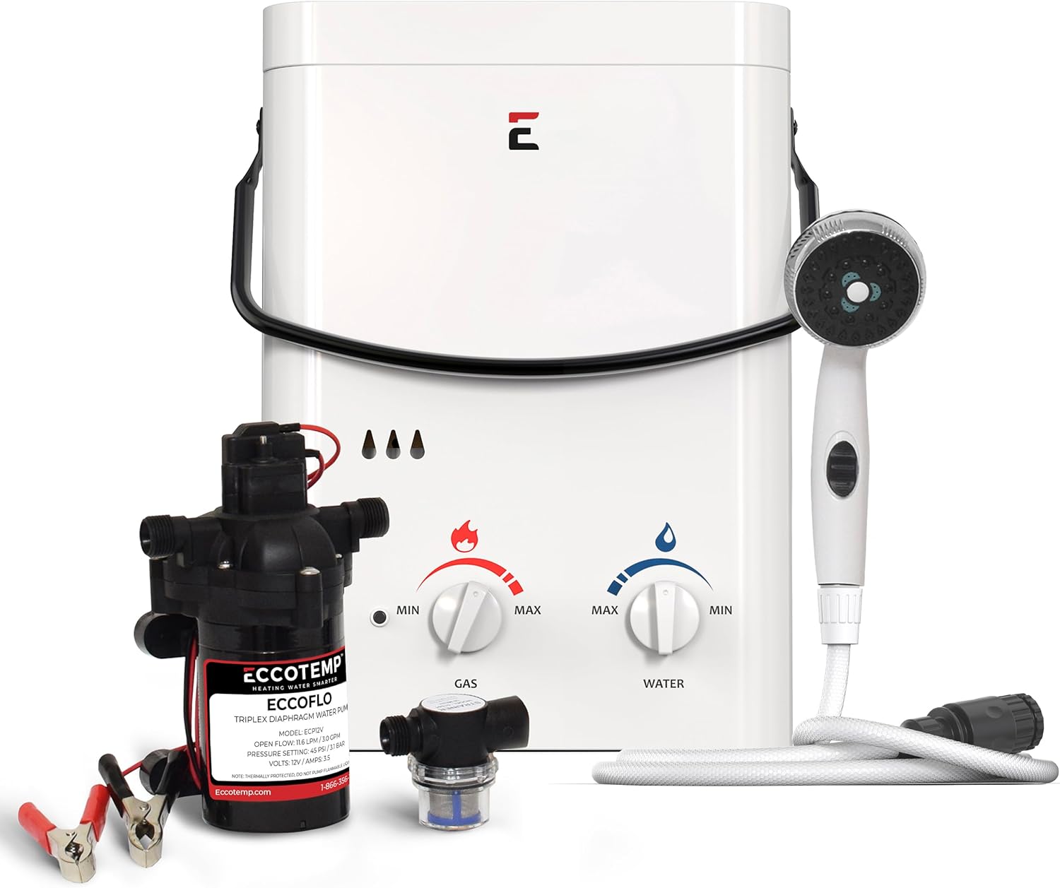 Eccotemp L5 Portable Outdoor Tankless Water Heater w/EccoFlo Diaphragm 12V Pump and Strainer