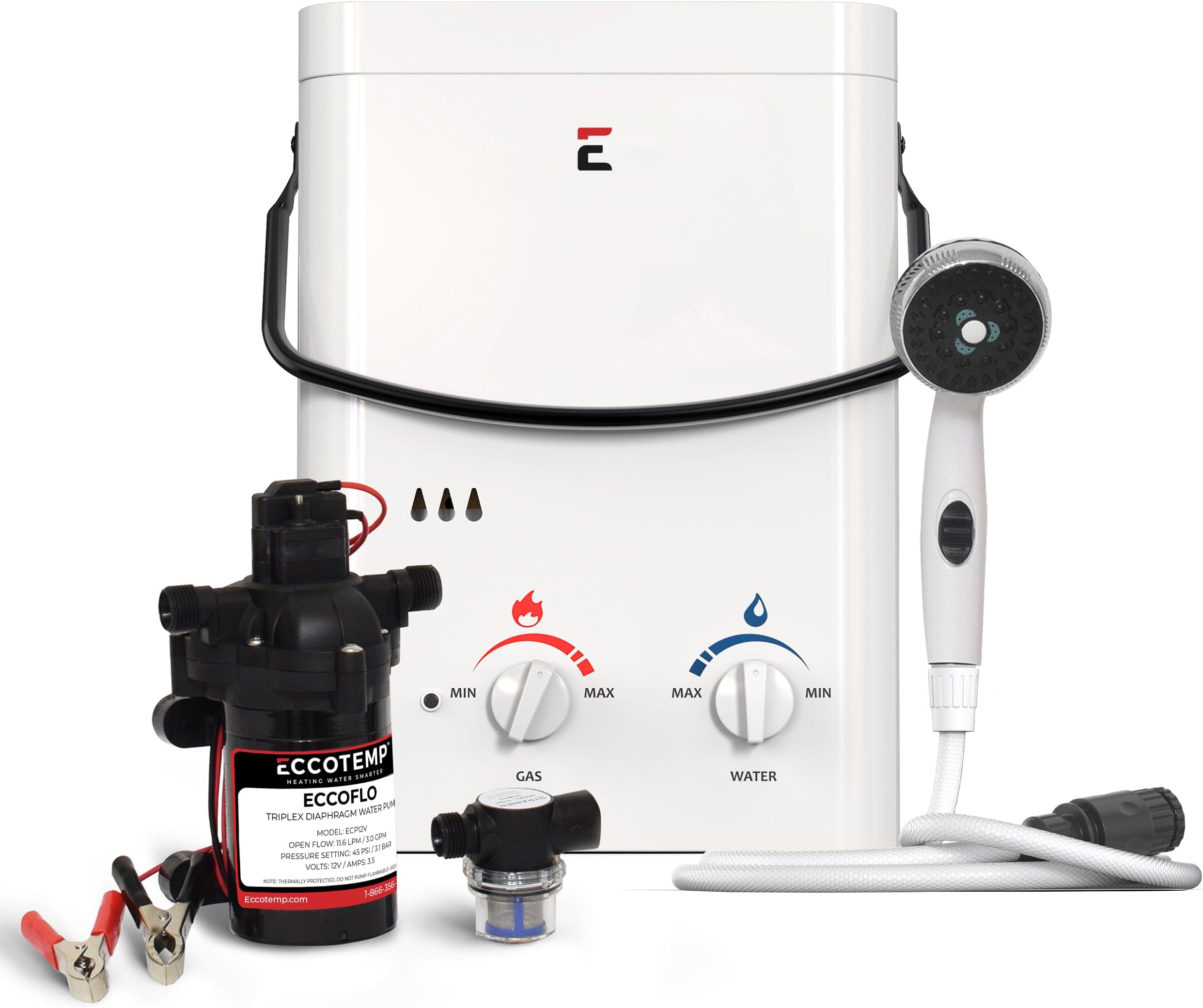 Eccotemp L5 Portable Outdoor Tankless Water Heater w/EccoFlo Diaphragm 12V Pump and Strainer