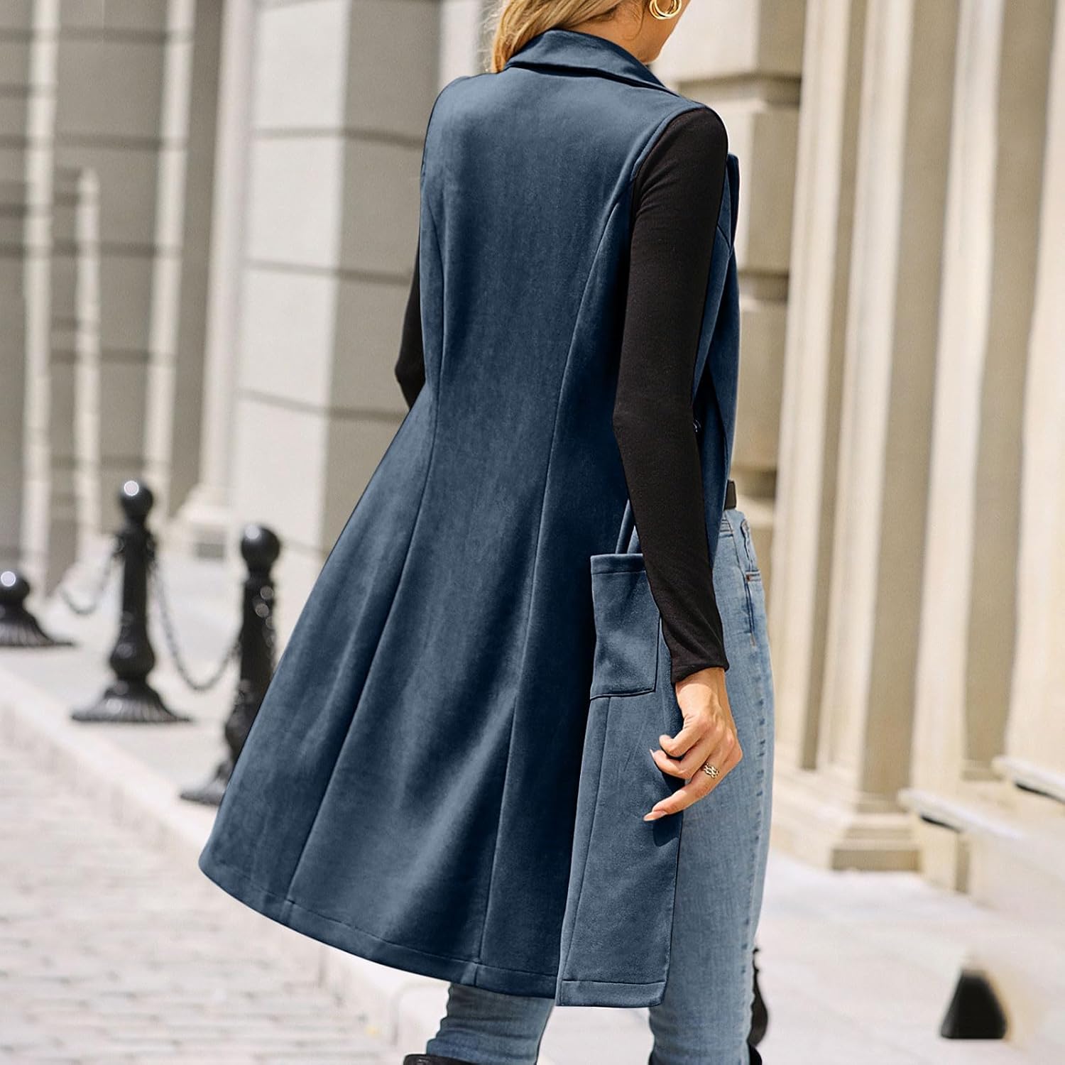 HGps8w Mid-Long Suede Vest for Women Double Breasted Elegant Sleeveless Blazer Suit Jackets Lapel Waistcoat Outerwear