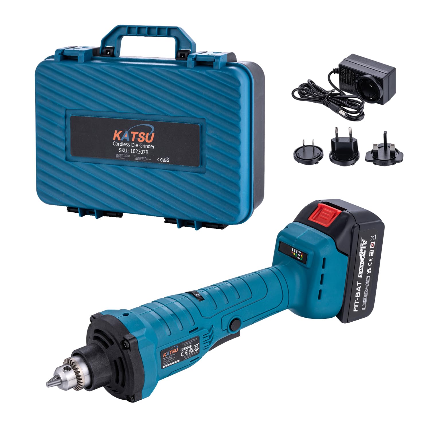 KATSU FIT-BAT 21V Meuleuse Droite sans Fil Brushless Moteur sans Balais avec 3,0 Ah Batterie et Chargeur, Mandrin de 6 mm et 6 Vitesses Variables, dans la Boîte