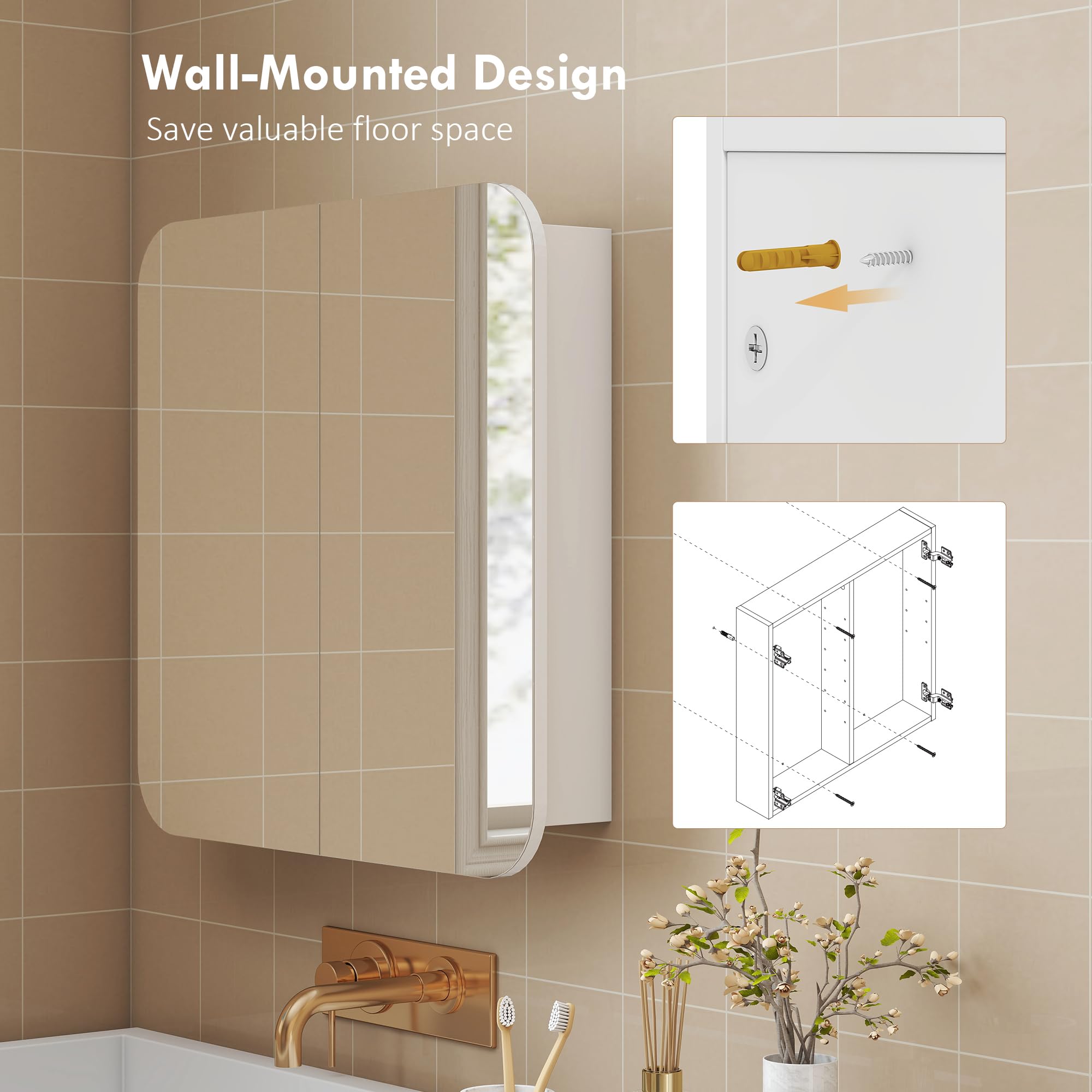 HOMCOM Armario de Baño con Espejo, Diseño con Bordes Curvados, Armario de Pared, Mueble de Baño Colgar, 2 Puertas, Estantes Ajustables, 68x13x66 cm, Blanco
