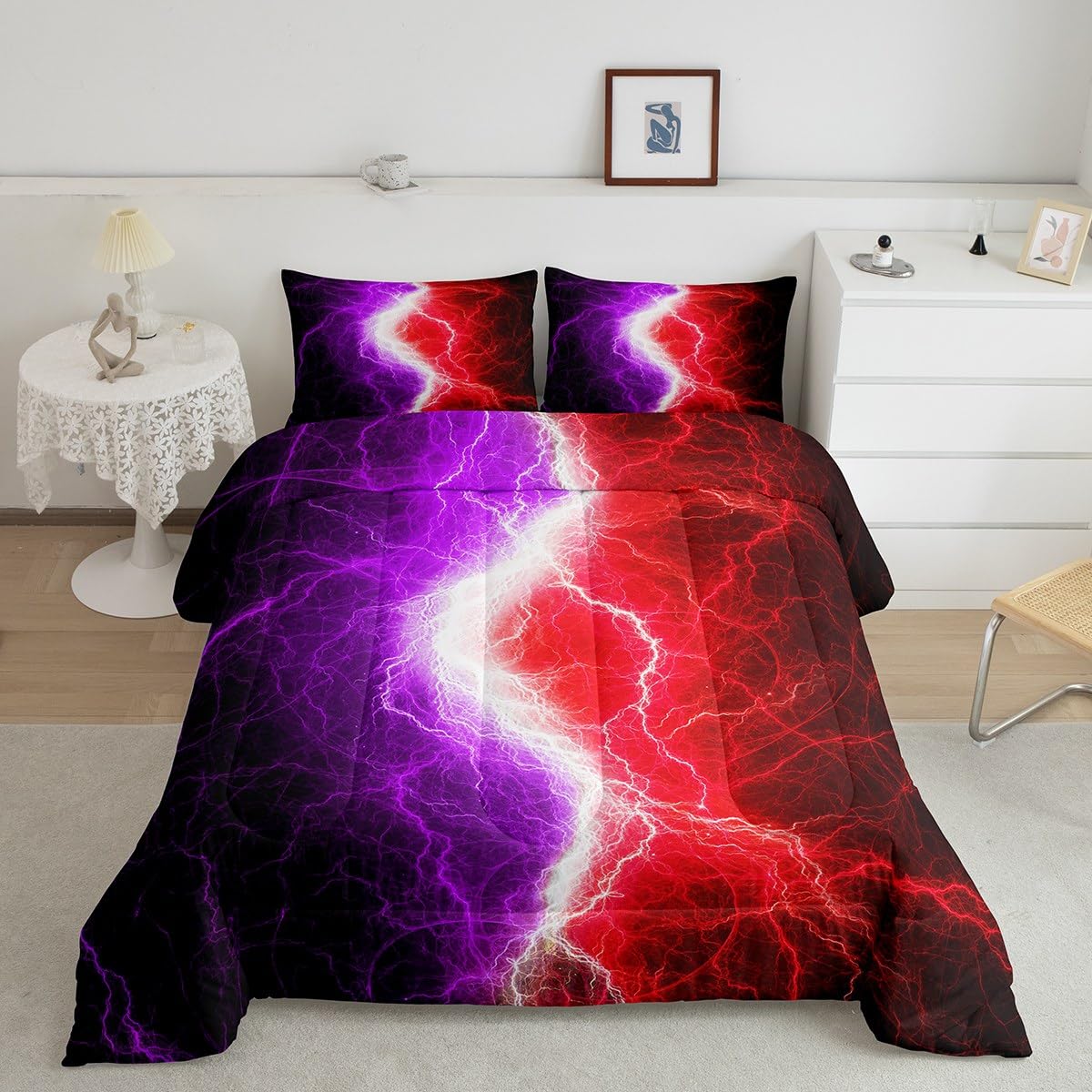 Erosebridal Lightning Bedding Set Twin Size,Purple Red Abstract Comforter Set for Kids Adult,Gamer Bedding Sets for Boys Girls Game Room Decor,Hippie
