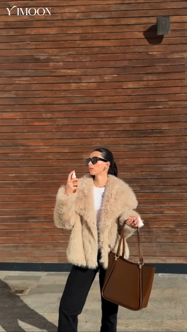 Yimoon Women's Cropped Faux Fur Jacket Lapel Open Front Shaggy