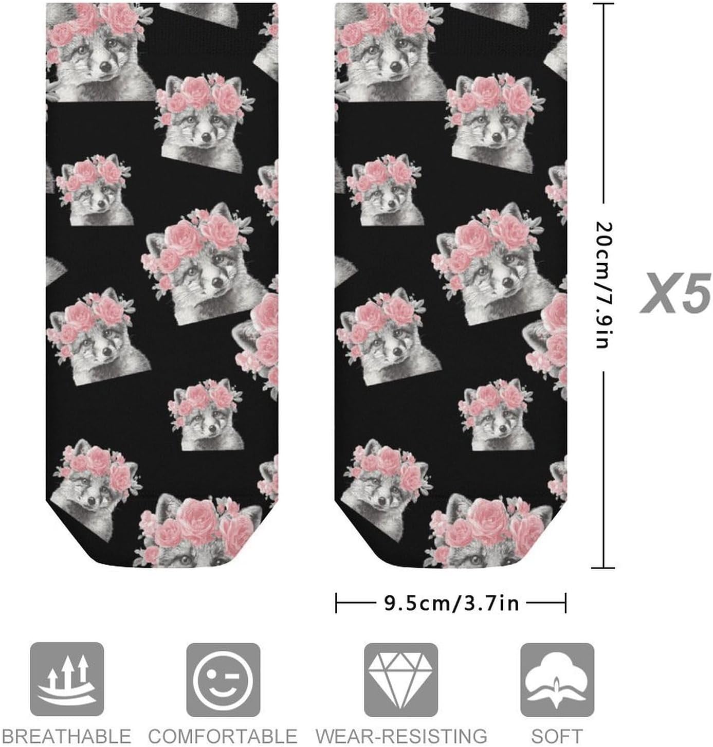 Fox with Roses No Show Ankle Socks Low Cut Non Slip Flat Boat Line 5 Pairs Set