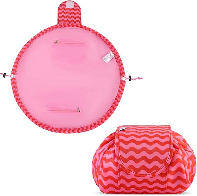 Lazy Drawstring Make up Bag Portable Large Travel Cosmetic Bag Pouch Travel Makeup Pouch Storage Organiser for Women Girl (Red Wave)