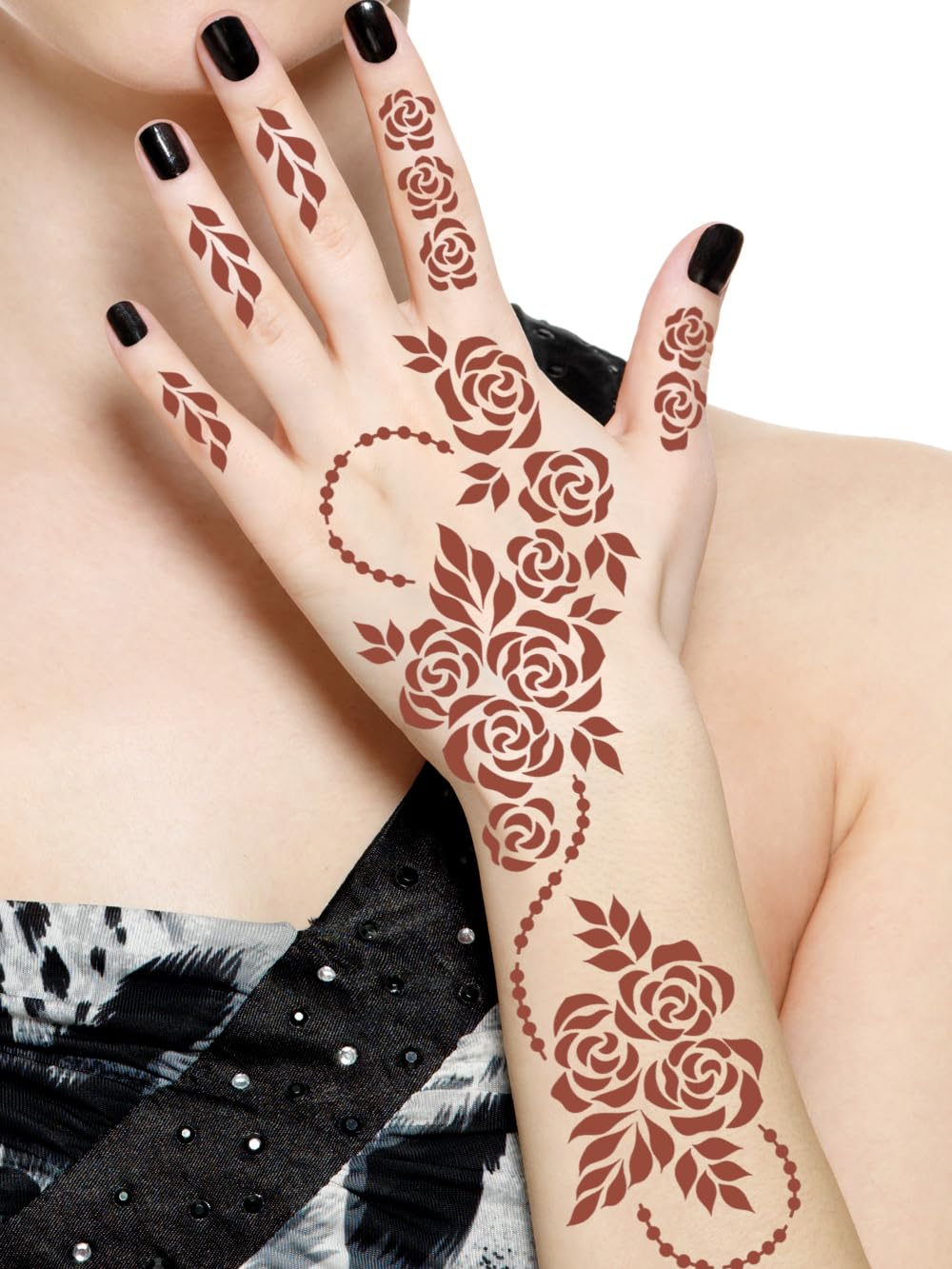 AMRIT 2 Pcs Heena Tatto Stencil for Both Hand Set, India Henna Style, Hand Tattoo Stencil, Design Set for Women & Girls, Temporary Tattoo (AMRIT Stencil XL Pack of 2 02)