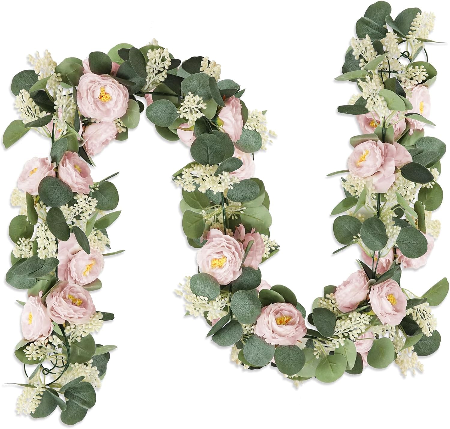 2PCS 6.6FT Artificial Flower Garland with Pink Roses and Eucalyptus Greenery, Faux Silk Floral Vine for Wedding Arch, Table Runner, Backdrop, Staircase, Door Frame, Party Home Decoration