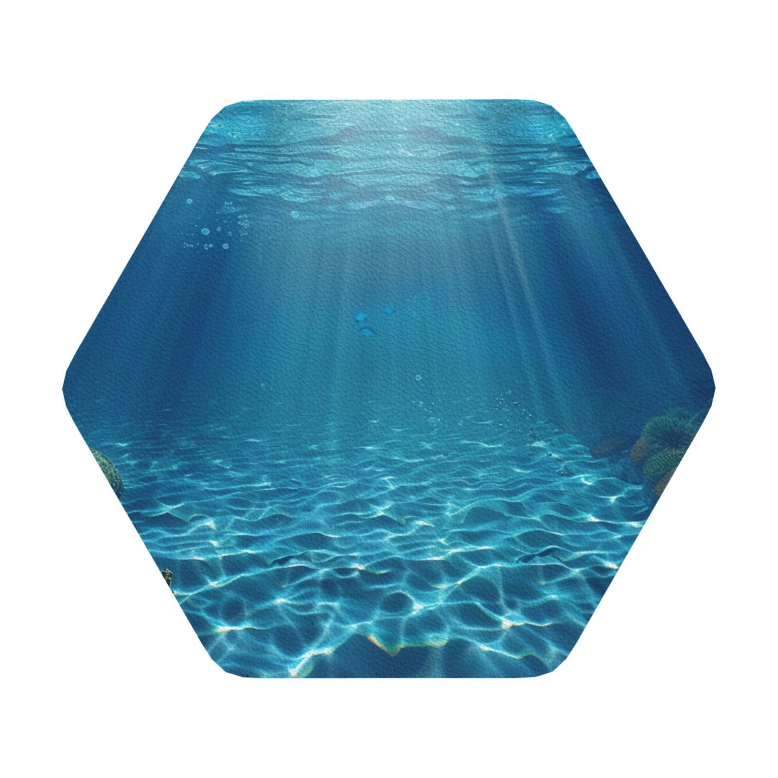 Tranquil Underwater Scenery Print Leather Coaster Set of 6, Hexagon Coasters Table Decorative Coffee Cup Beverage Coasters Wine Beer Bar Coasters for Hot Drinks Table Protection