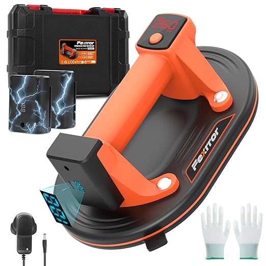 Electric Vacuum Suction Cup with 2x3000 mAh Bateries, 10" Heavy Duty Vacuum Suction Cups Lifter, LED Display, Automatic air Replenishment for Lifting Large Glass, Granite, Tiles, Metal