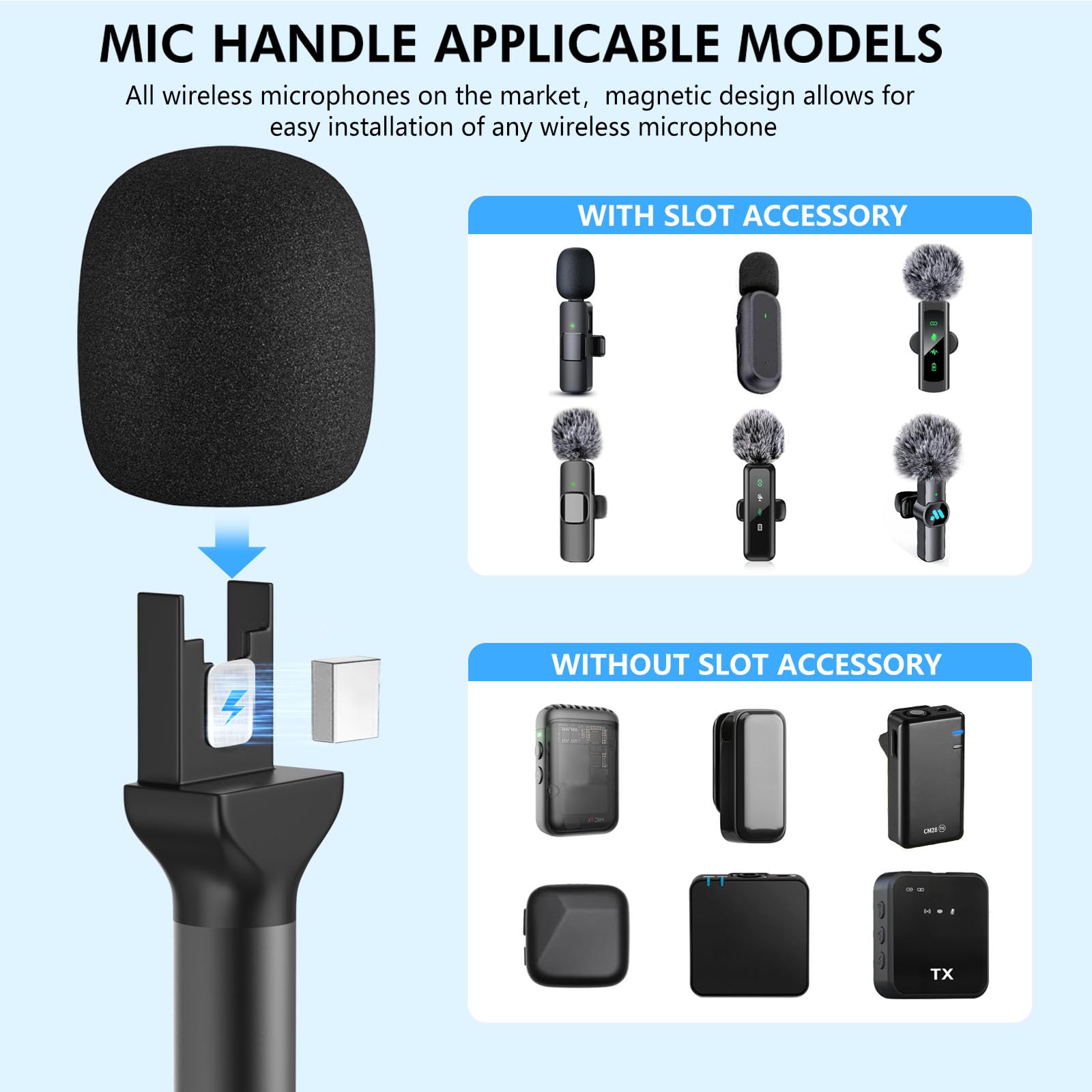 Mic Handle for DJI/DJI Mini, Microphone Holder for Rode Wireless GO/Hollyland Lark/Lavalier Mic, Universal Magnetic Mic Stand, Mic Holder with 3 Pop Filter for Vlogging, Interview, Podcast, Reports