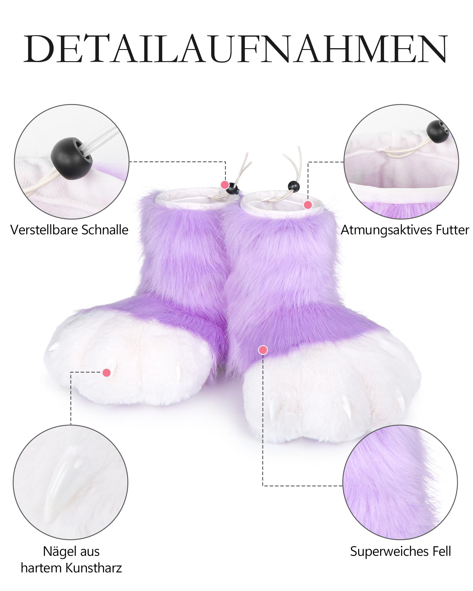 Cosplay Tierkatze Kunststoffkrallen für Fursuit Füße Pfotenschuhe Pelzige Pfotenpantoffeln Erwachsene Kostüm Zubehör Set (Purple)