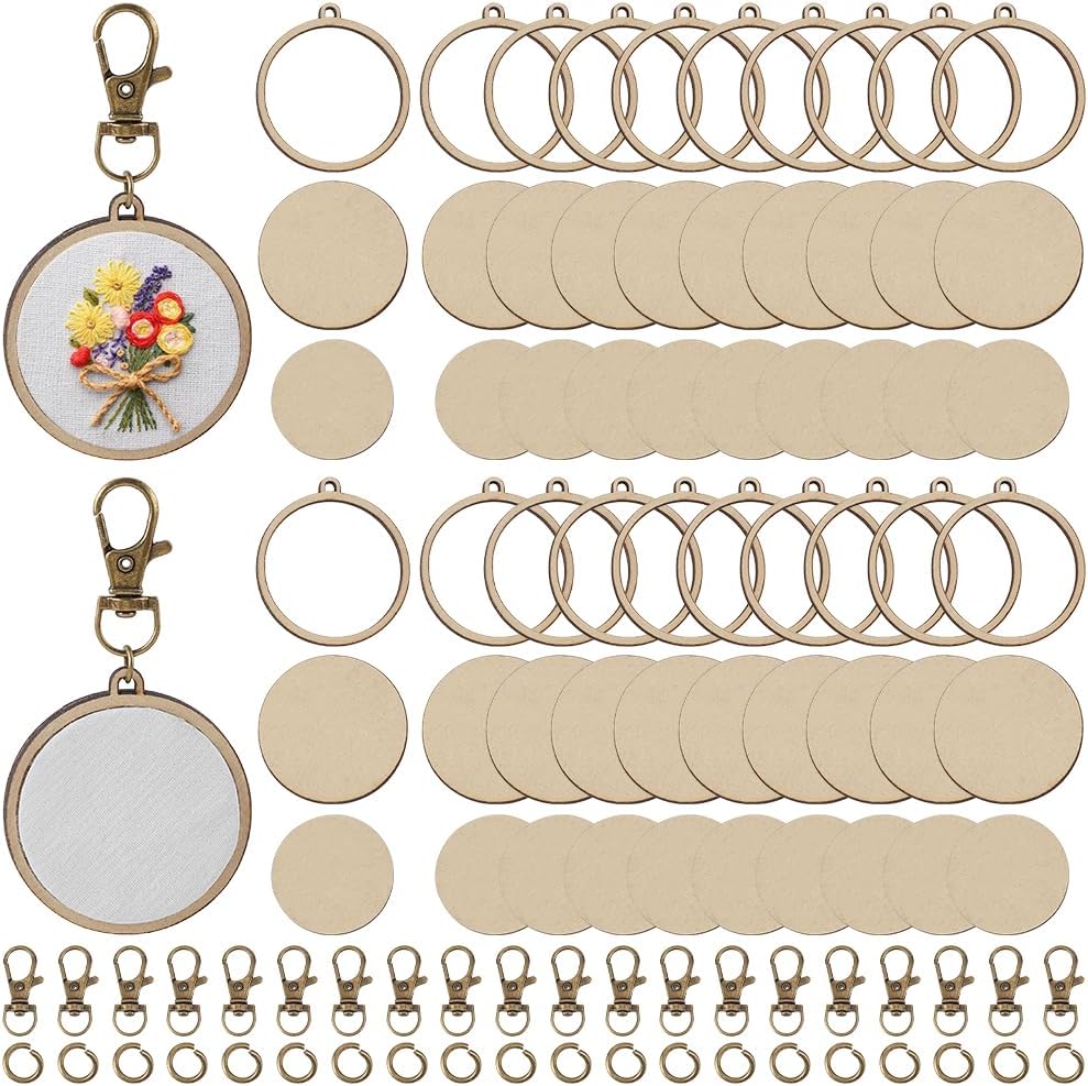 FREEBLOSS 20 Set Wooden Mini Embroidery Hoops Keychains Wood Small Embroidery Hoop Ornament with Keychains DIY Wood Hoops for Embroidery Earring Jewelry Making 2x2.2inch