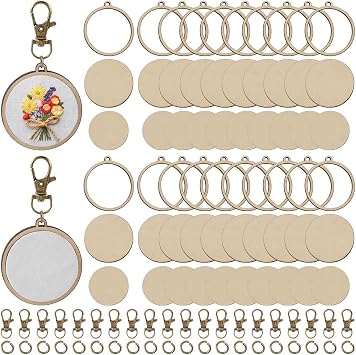 FREEBLOSS 20 Set Wooden Mini Embroidery Hoops Keychains Wood Small Embroidery Hoop Ornament with Keychains DIY Wood Hoops for Embroidery Earring Jewelry Making 2x2.2inch