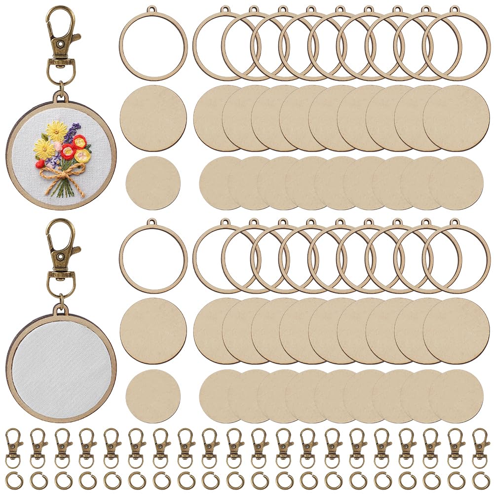 FREEBLOSS 20 Set Wooden Mini Embroidery Hoops Keychains Wood Small Embroidery Hoop Ornament with Keychains DIY Wood Hoops for Embroidery Earring Jewelry Making 2x2.2inch