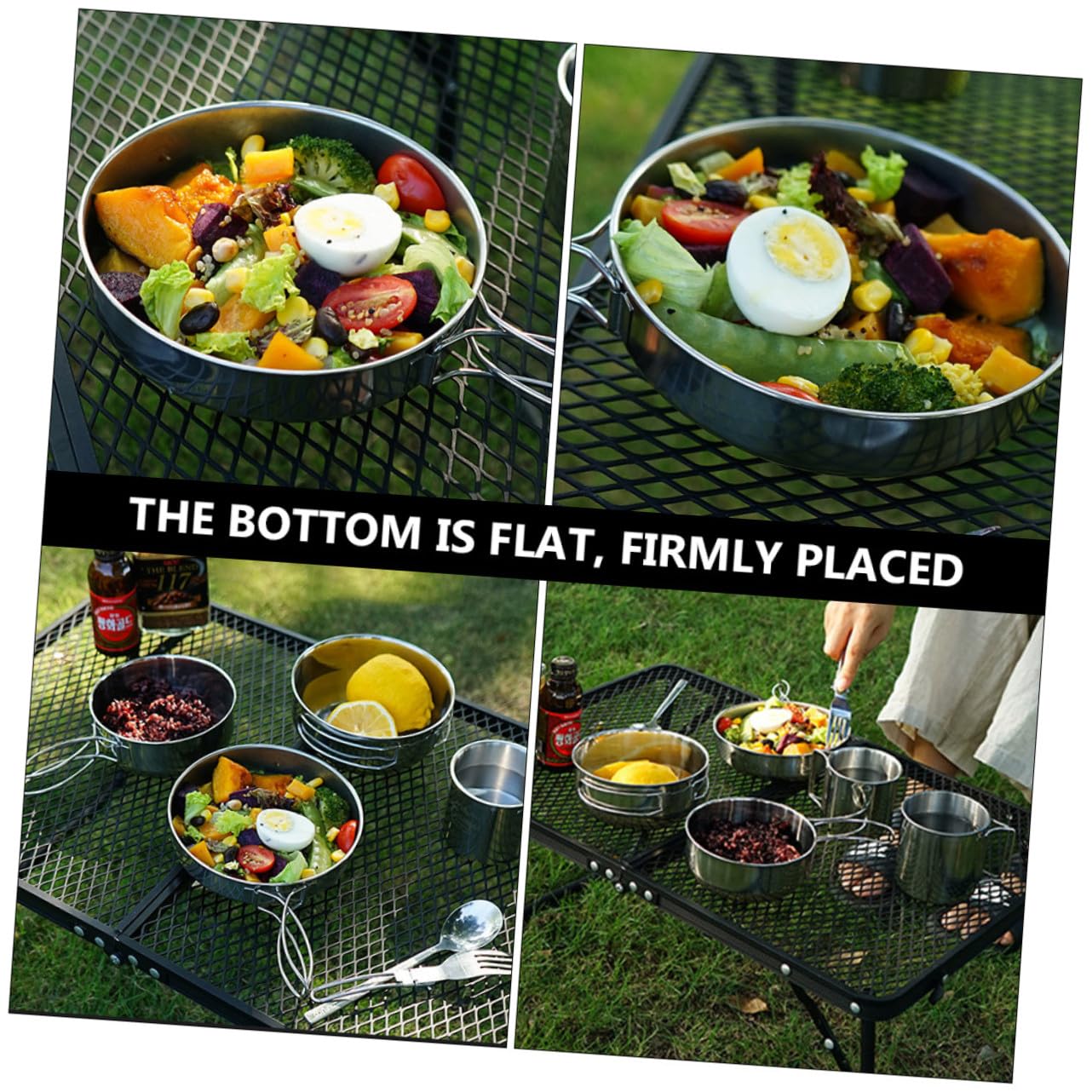 Ensemble de Vaisselle de Camping Poêle à Frire et Tasse 5 Pièces en Acier Inoxydable Design Empilable à Fond Plat pour Pique-niques et Randonnée