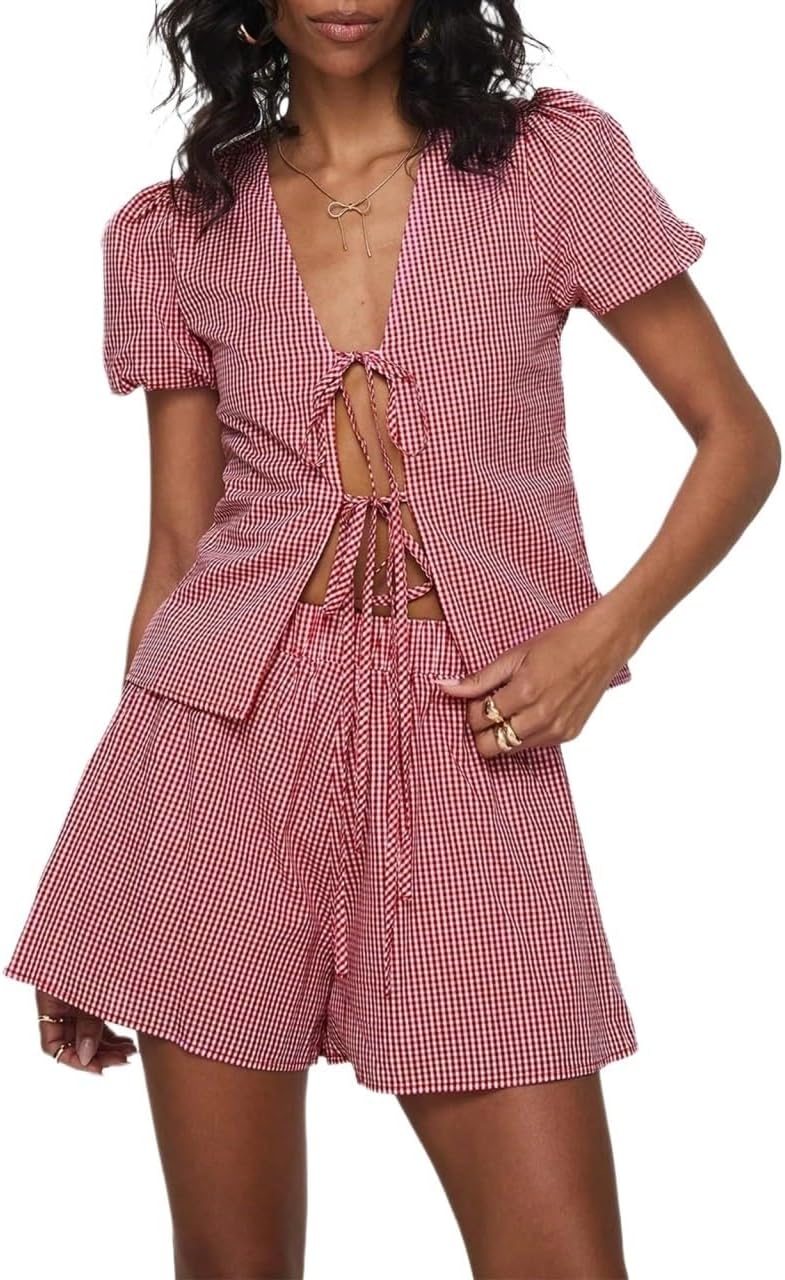 Two Piece Outfits for Women 2025 Short Sleeve V Neck Tops With Wide Leg Shorts 2 Pcs Set(Large)