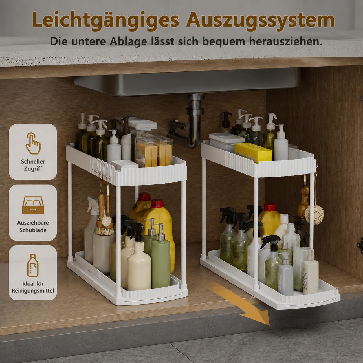 Küchenschrank Organizer Ausziehbar, 2er Set Spülschrank Organizer mit Ausziehbarem Unterkorb, Unter Waschbecken Regal, 2-Stufiger Küchen Organizer mit 5 Haken für Küche & Bad, Weiß