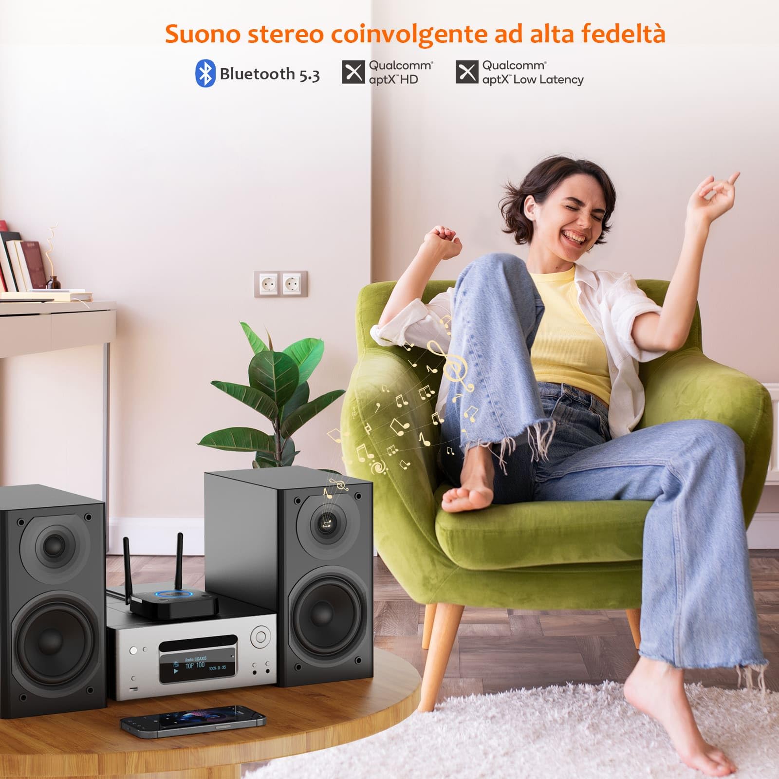 1Mii Ricevitore Bluetooth 5.3 HiFi, Adattatore Audio aptX Bassa Latenza Uscita Ottica Coassiale AUX RCA per Amplificatore
