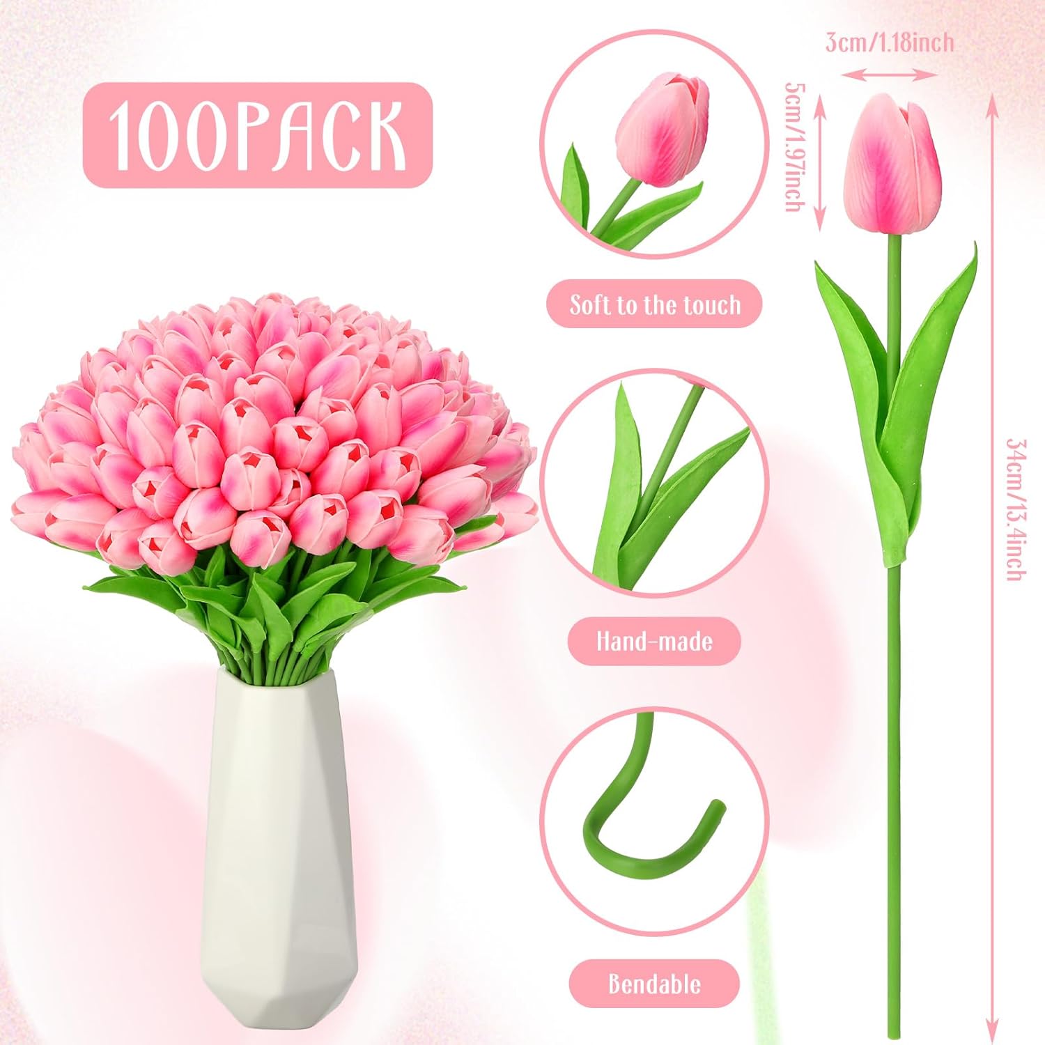 Jexine 100 Pcs Artificial Real Tulips Fake Artificial Tulip Flower Bulk Bouquet with Stem for Table Centerpieces Wedding Bridal Easter Mother's Day Garden Home Decor, 13.4''(Purple Rose)