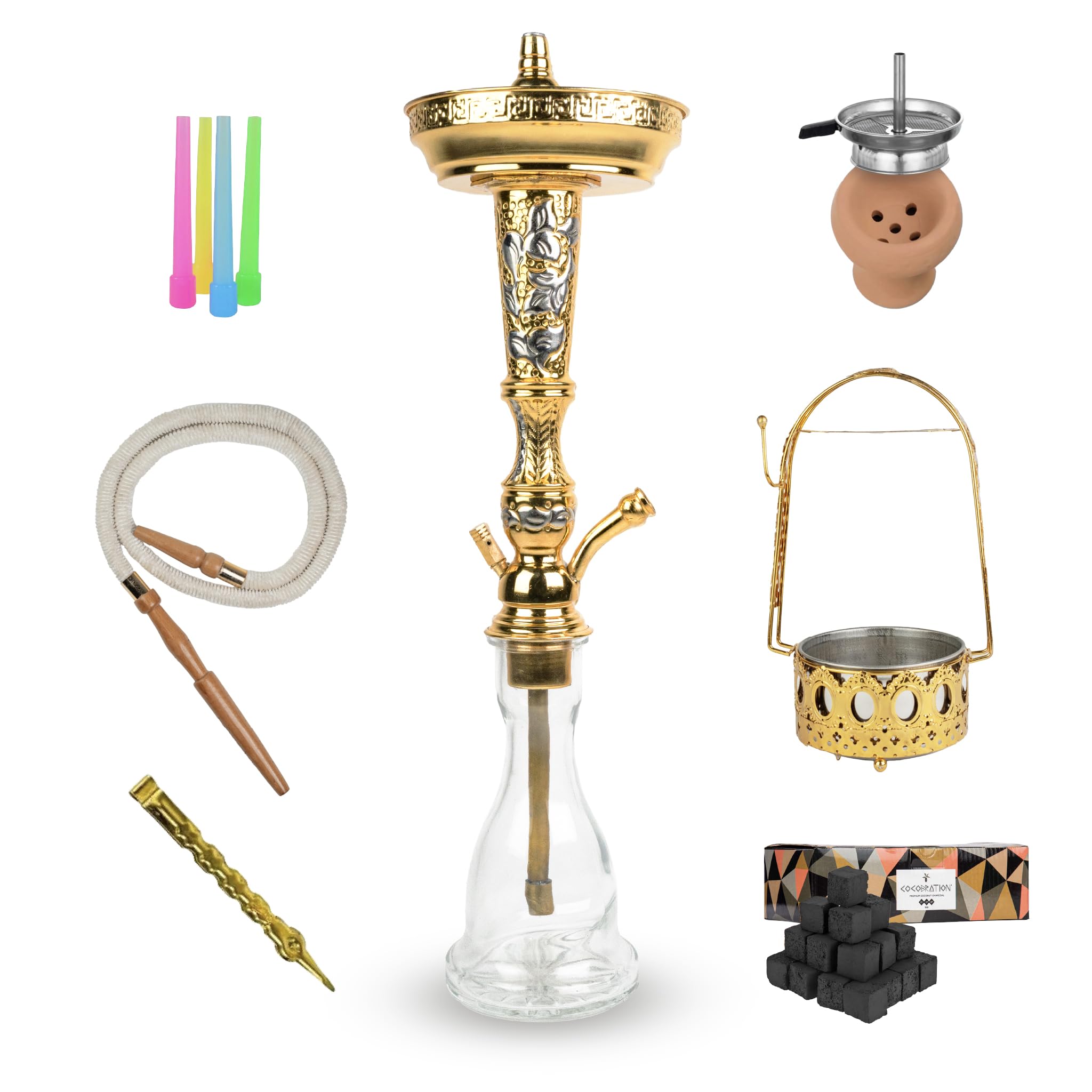 Cachimba Tradicional Al Zahra 60 cm | Latón Brillante, Cazoleta de Arcilla, 1 kg Carbón Cocobration 27mm, Porta Carbón, 50 Boquillas Higiénicas y Accesorios Completos para Shisha y Hookah