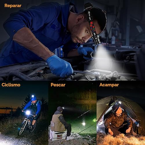Miniatura 8 de Linterna frontal recargable súper brillante, lámpara de cabeza con sensor de movimiento de alto lúmenes con 9 modos, faro con zoom para adultos