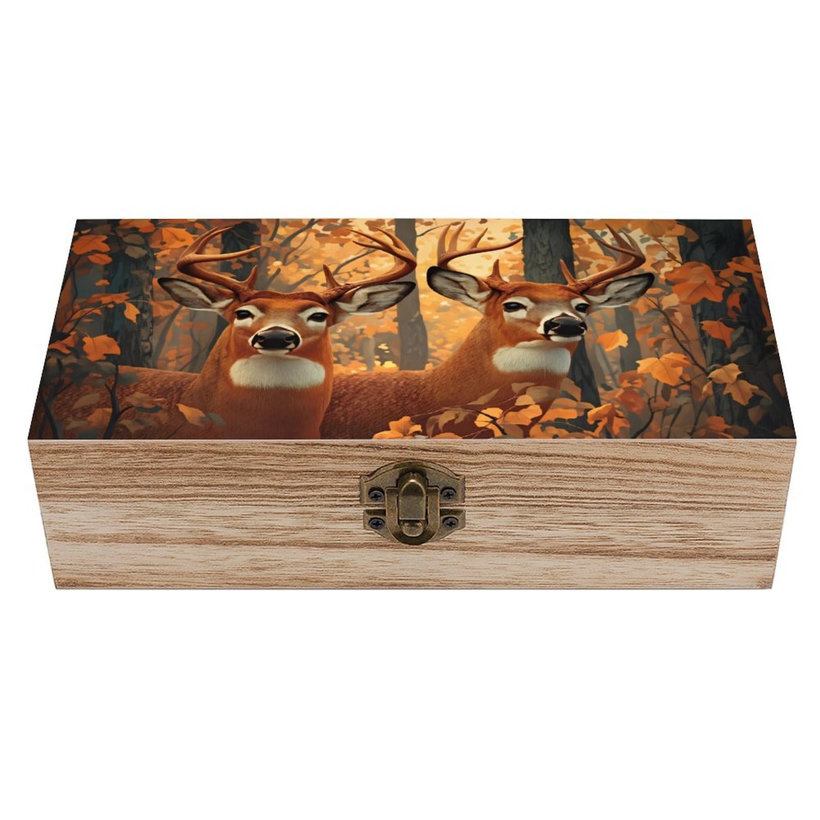 SMAZDFXX Deer Autumn Wildlife Wooden Keepsake Box Vintage Solid Wood with Hinged Lid 7.9"×3.7"×2.3" Metal Latch Rustic Home Decor for Jewelry Photos And Trinkets