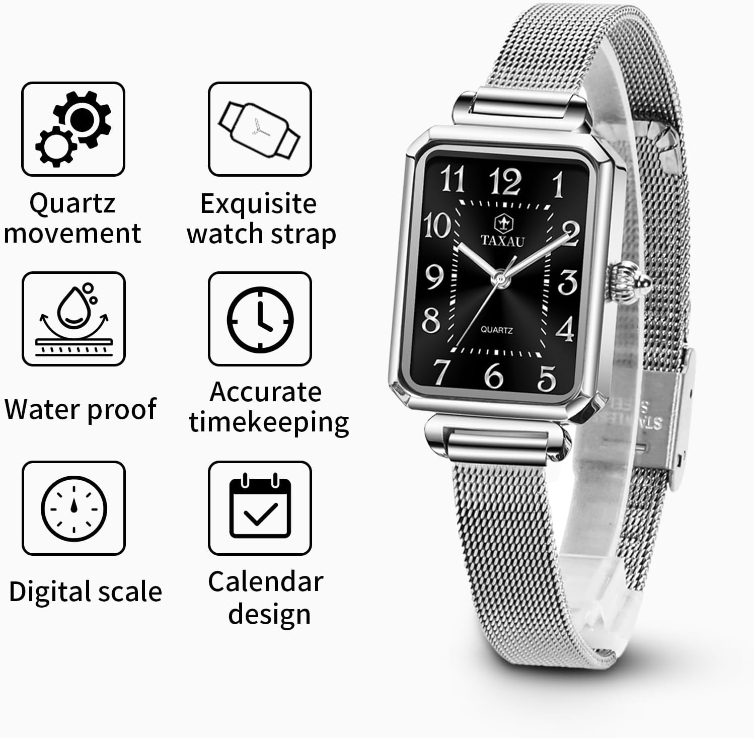 Watches for Women Dress Large Wrist Womens Waterproof Watch Analog Quartz Watch for Women Ladies Watches with Date Square Mesh Band - Image 2