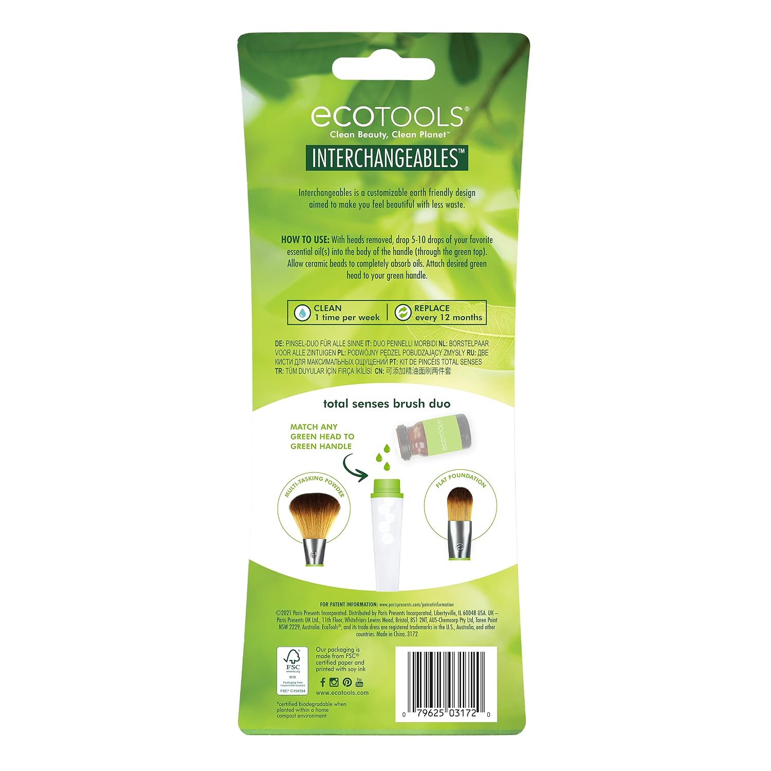 EcoTools Total Senses Foundation Brush Duo Interchangeables Makeup Brush with Aromatherapy, 2 Brushes